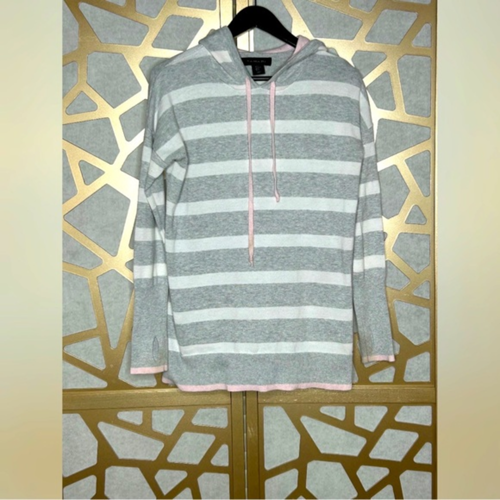 Tahari pink grey white Striped‎ Sweater Hoodie